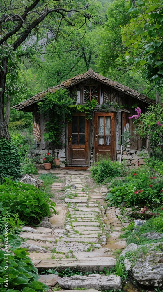 Stone path leading to a rustic wooden cabin nestled in a lush forest. Stone path leading to a rustic wooden cabin nestled in a lush forest.