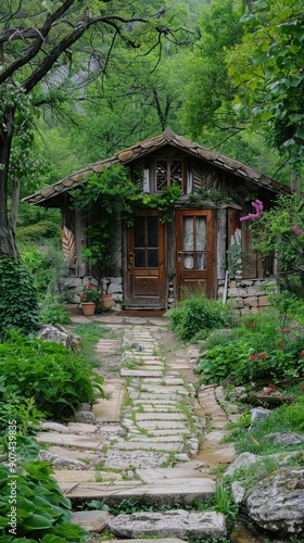 Stone path leading to a rustic wooden cabin nestled in a lush forest.