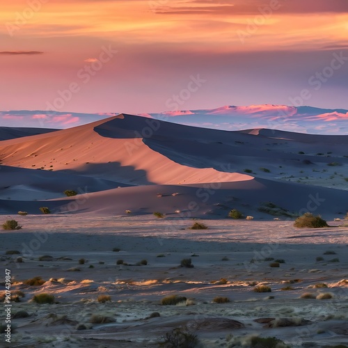 A vast desert at sunset, with rolling dunes casting long shadows and bathed in warm hues of orange and pink, sparse vegetationdotting the landscape, and a distant, colorful horizon blending 