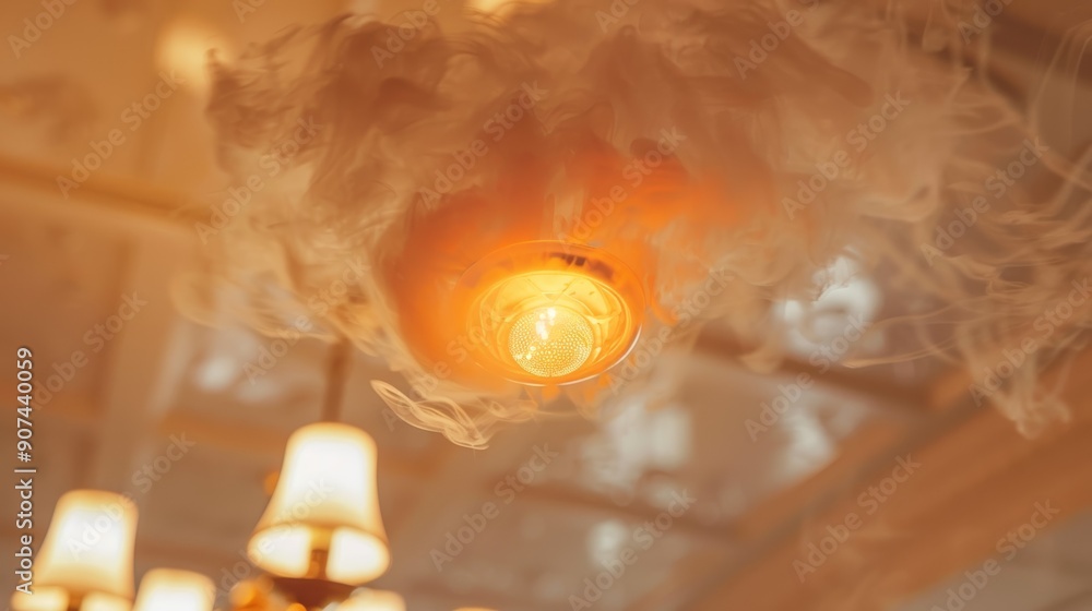 Fototapeta premium A close-up view of a light bulb emitting warm light surrounded by a soft cloud of smoke, creating a cozy atmosphere.