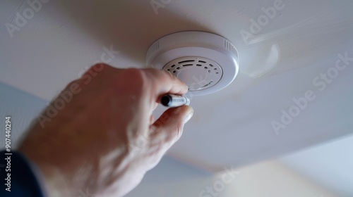 A hand inspecting a smoke detector on a ceiling, emphasizing home safety and fire prevention measures for residents.