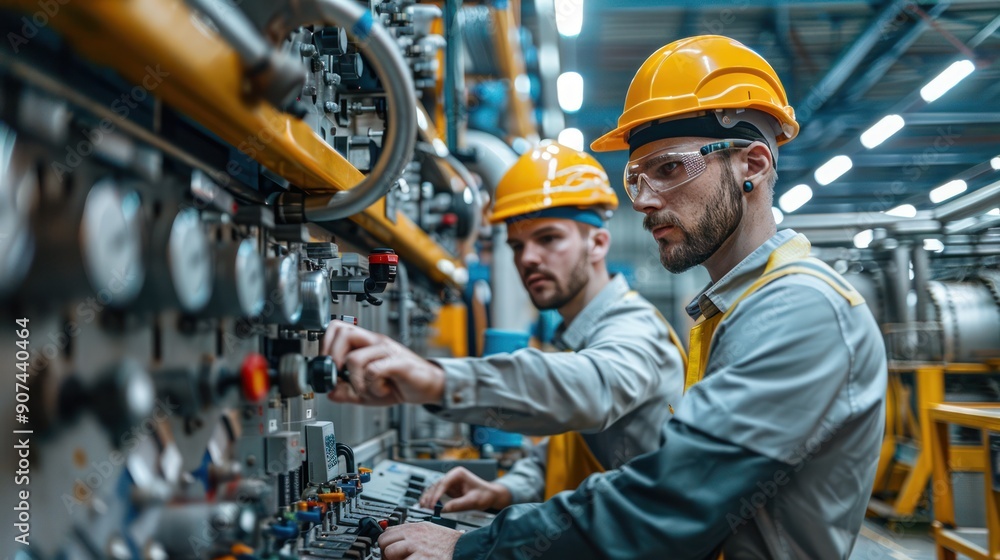 Automation engineers examining a control panel connected to robotic machinery in a cutting-edge factory. Automation engineers examining a control panel connected to robotic machinery in a cutting-edge factory.