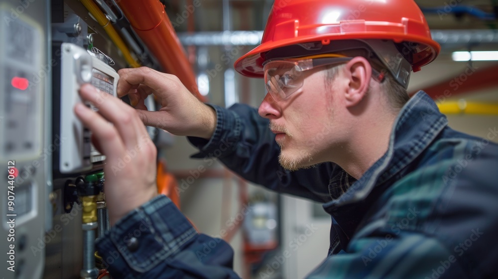 A technician wearing a safety helmet works diligently on industrial equipment, ensuring safety and efficiency in operations. A technician wearing a safety helmet works diligently on industrial equipment, ensuring safety and efficiency in operations.