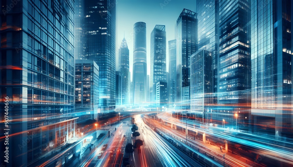 Naklejka premium Nighttime cityscape with bustling traffic and bright lights in downtown Hong Kong