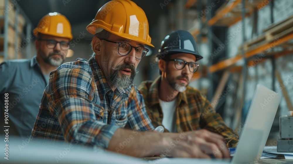 A team of engineers and a skilled architect, focusing on a laptop screen, planning building construction in a contemporary office space A team of engineers and a skilled architect, focusing on a laptop screen, planning building construction in a contemporary office space