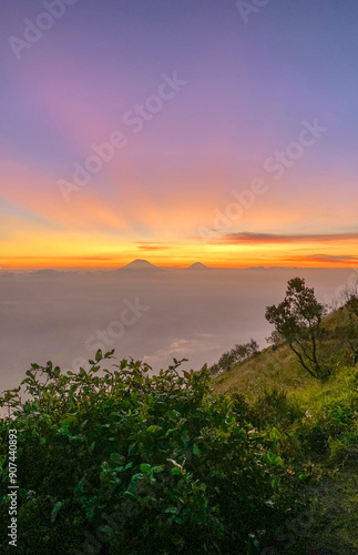 Sunrise landscape view, Hiking route to the highest peak of Merbabu mount 