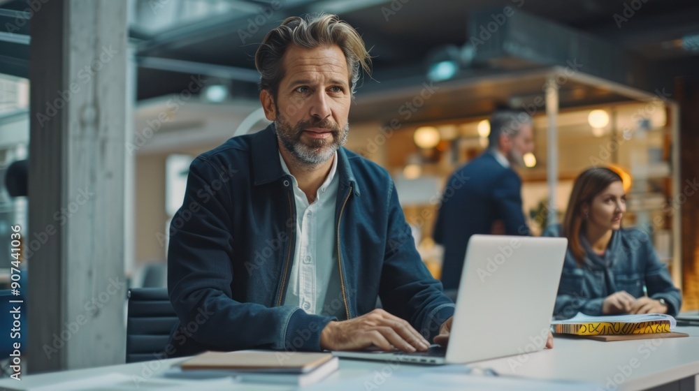 A skilled architect leading a discussion with an engineer team, using a laptop to present building designs in a modern workspace A skilled architect leading a discussion with an engineer team, using a laptop to present building designs in a modern workspace