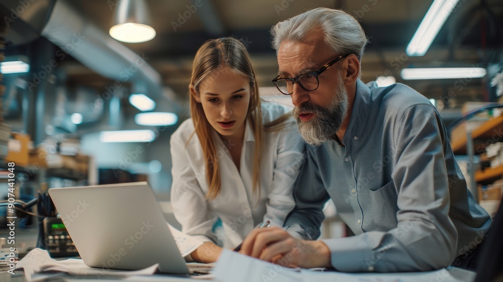 A skilled architect discussing building plans with an engineer team, using a laptop to analyze construction data in a modern office A skilled architect discussing building plans with an engineer team, using a laptop to analyze construction data in a modern office