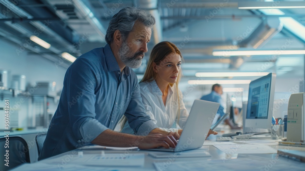 Architect and engineer team using a laptop to discuss building construction, surrounded by architectural drawings in a contemporary office Architect and engineer team using a laptop to discuss building construction, surrounded by architectural drawings in a contemporary office
