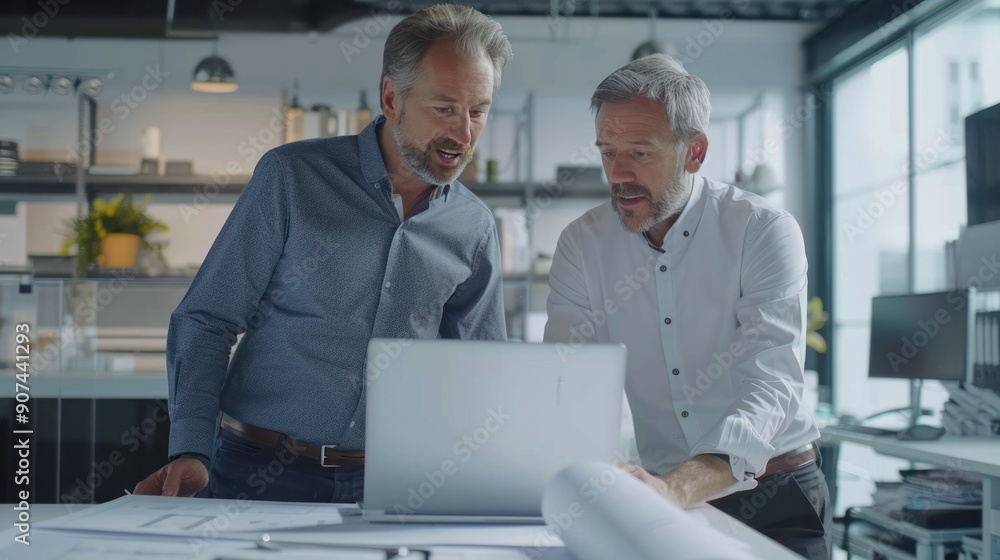 Obraz premium Architect and engineer team reviewing digital blueprints on a laptop, discussing building construction in a sleek office space