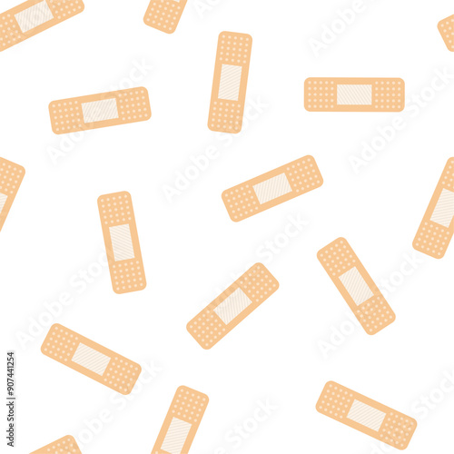 Beige medical band aid plaster seamless pattern background. Texture of medical plasters. Urgent medical assistance, wallpaper template. Providing first aid.