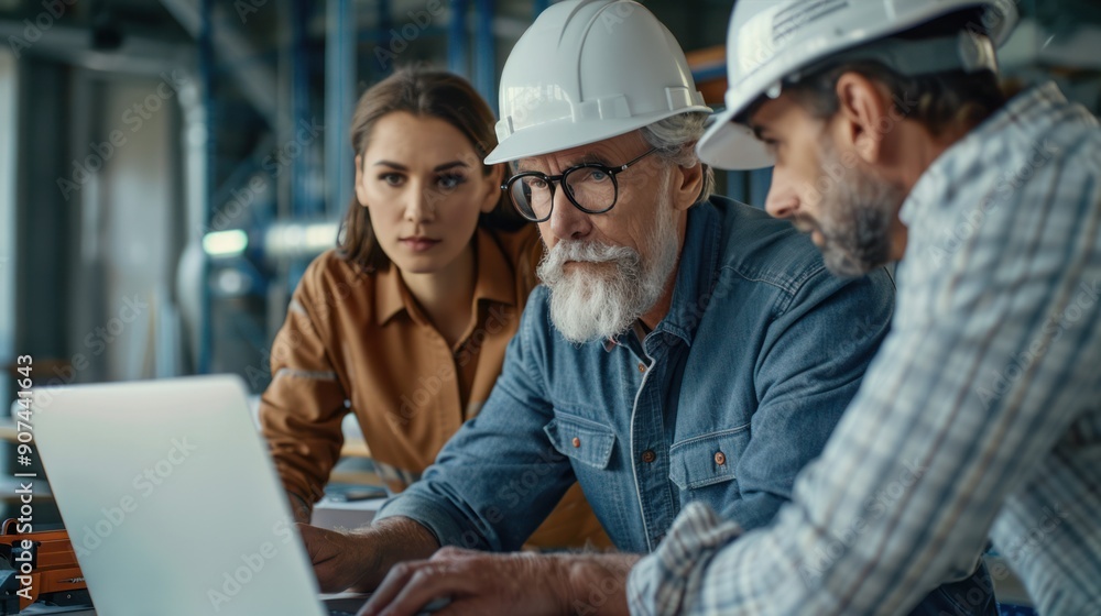Architect and engineering team, deeply engaged in construction analysis on a laptop, surrounded by modern office decor Architect and engineering team, deeply engaged in construction analysis on a laptop, surrounded by modern office decor