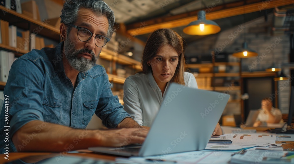 Architect and engineering team, deeply engaged in construction analysis on a laptop, surrounded by modern office decor Architect and engineering team, deeply engaged in construction analysis on a laptop, surrounded by modern office decor