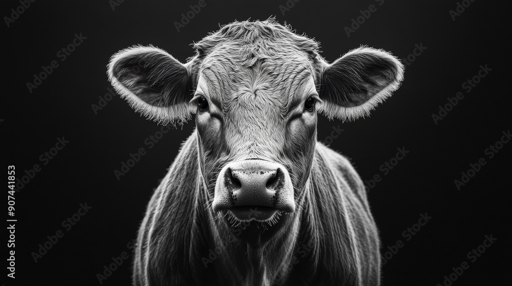 Dark black and white portrait of a frontal cows head on black background. Generative AI Dark black and white portrait of a frontal cows head on black background. Generative AI