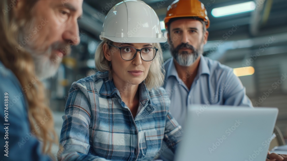A group of engineers and an architect gathered around a laptop, reviewing building construction plans in a modern office setting A group of engineers and an architect gathered around a laptop, reviewing building construction plans in a modern office setting