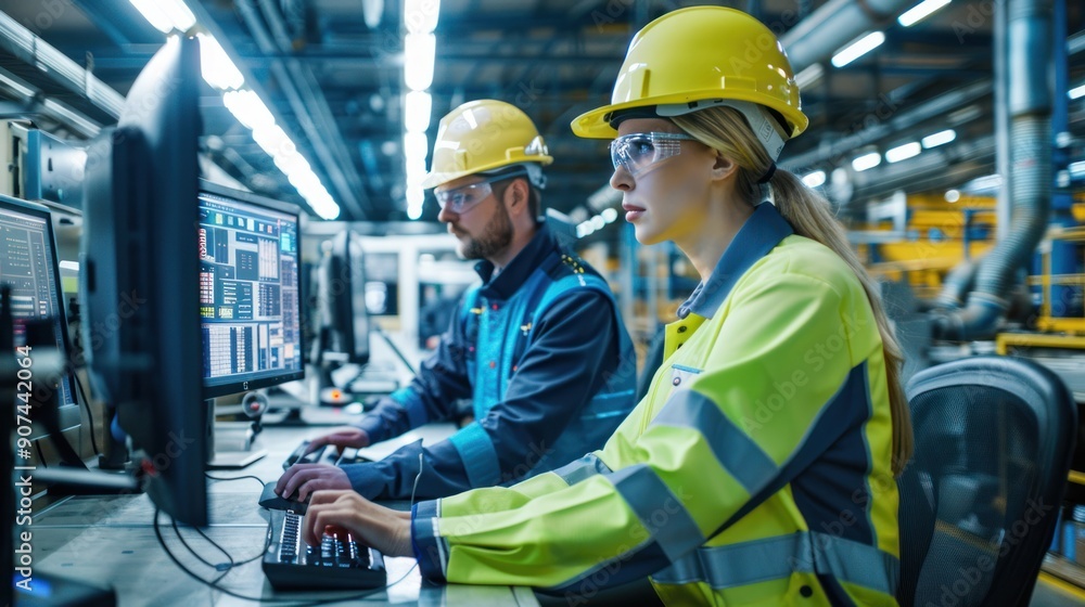 A female manager and male industrial engineer collaborating on microchip production using a desktop computer, A female manager and male industrial engineer collaborating on microchip production using a desktop computer,