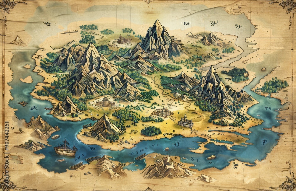 Naklejka premium Pirate map. 3D vintage paper manuscript with island and ocean. Antique nautical exploration. Classical cartography land and sea. Old adventure treasure map