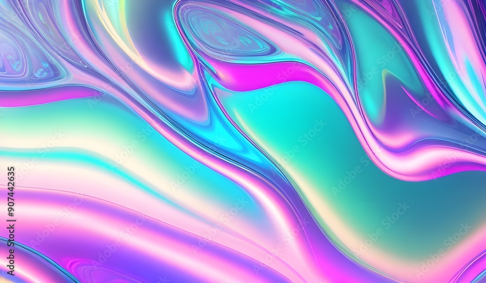 Naklejka premium Holographic iridescent surface with a wrinkled vaporwave texture. Trendy design featuring multiple colors in an 80's webpunk neon style. This eye-catching aesthetic is perfect for modern digital art.
