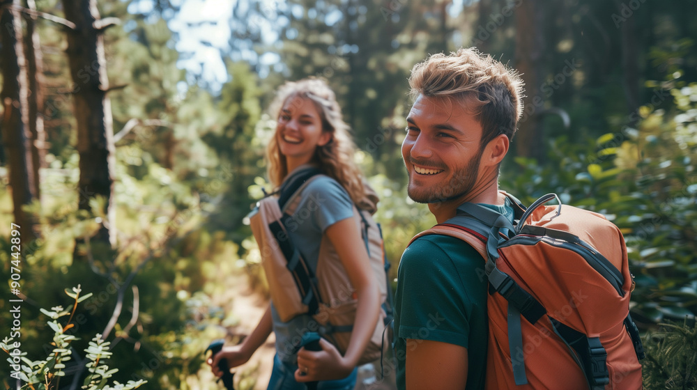 Couple hiking in the forest. Walk in nature. Couple hiking in the forest. Walk in nature.