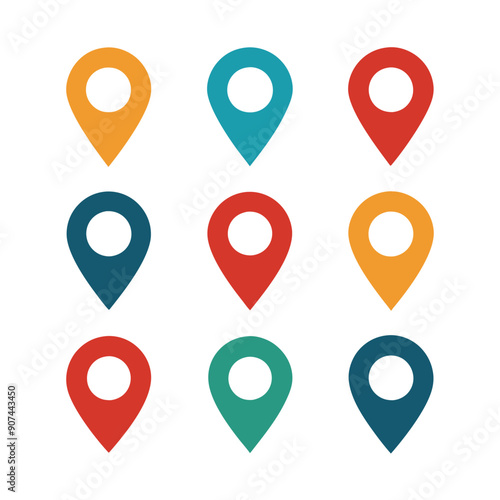 Nine colorful map marker icons in a grid pattern on a white background.