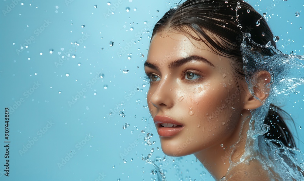 Woman with smooth skin surrounded by flying water drops. Free copy space for text. Woman with smooth skin surrounded by flying water drops. Free copy space for text.