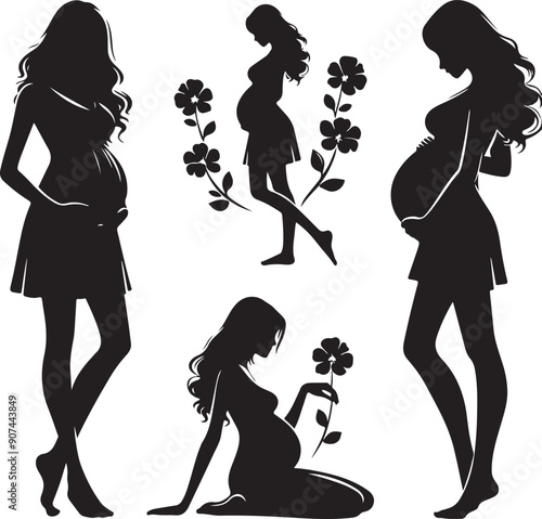 Pregnant Lady Silhouette Line Art Vector Illustration On Isolated White Background