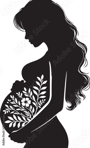 Pregnant Lady Silhouette Line Art Vector Illustration On Isolated White Background