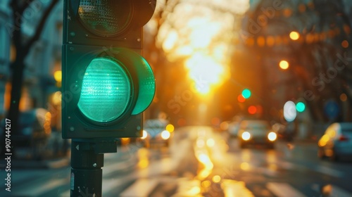 Wallpaper Mural Close-up of a green light at a traffic light, blurred background of an intersection in the evening city Torontodigital.ca