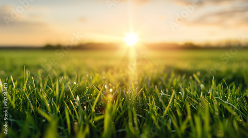 Close-up of fresh, dewy grass illuminated by the warm glow of sunrise, capturing the essence of a new day.