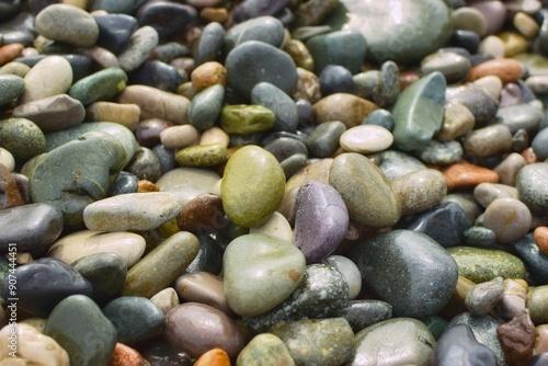 Color pebbles on the beach. Wet stones background.