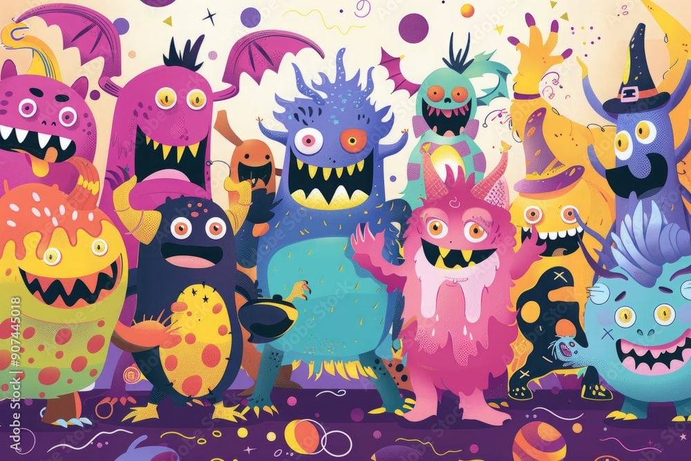A group of cute, cartoon-style monsters having a Halloween dance party A group of cute, cartoon-style monsters having a Halloween dance party