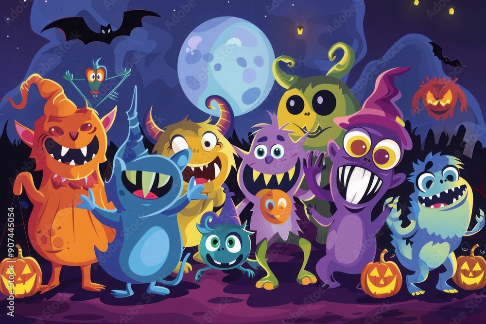 A group of cute, cartoon-style monsters having a Halloween dance party A group of cute, cartoon-style monsters having a Halloween dance party