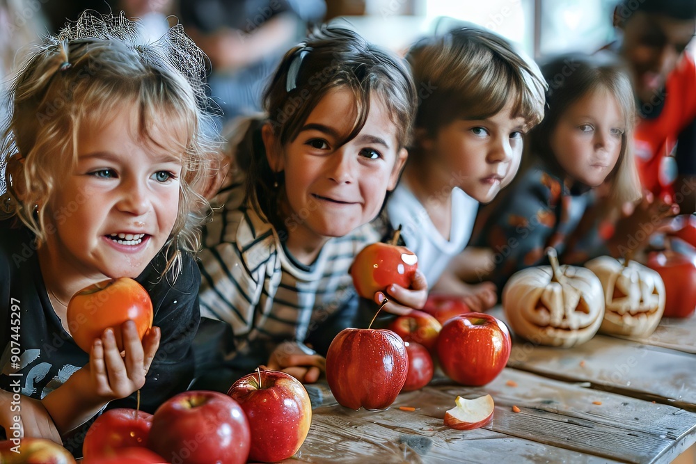 Fototapeta premium Children at a Halloween party, bobbing for apples and playing games
