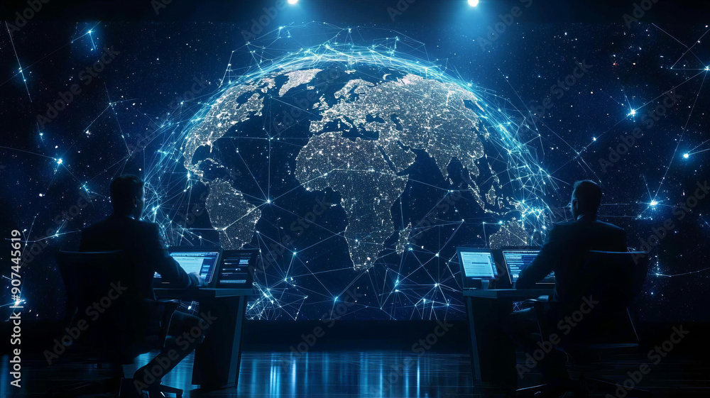 A digital representation of a connected world, showcasing two professionals analyzing data in front of a glowing globe. A digital representation of a connected world, showcasing two professionals analyzing data in front of a glowing globe.