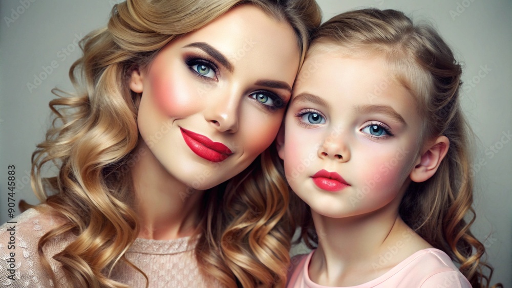 A mother and daughter with matching fresh makeup looks, both featuring light foundation, pink blush, and glossy lips. A mother and daughter with matching fresh makeup looks, both featuring light foundation, pink blush, and glossy lips.