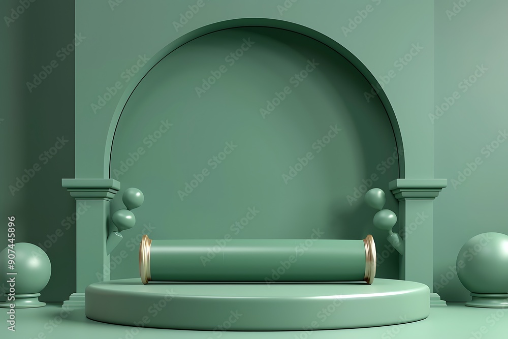 3d render podium with green cannon for ramadan concept A green and gold ornate archway with columns and a decorative pattern on the wall behind it, 3d render podium with green cannon for ramadan concept A green and gold ornate archway with columns and a decorative pattern on the wall behind it,