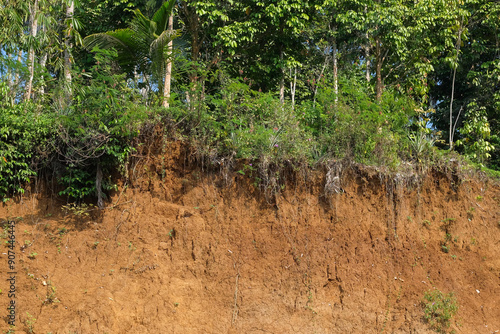 Fotografie Close up of an unstable soil cliff prone to landslides with cracked earth texture