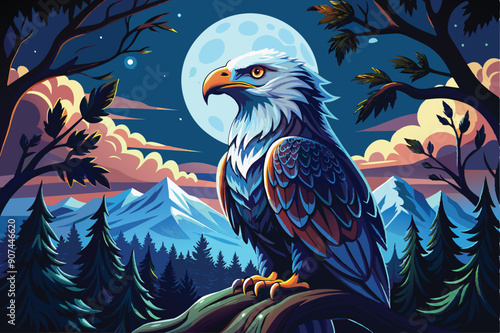 Majestic Eagle Perched on Branch under a Full Moon in a Mountainous Forest