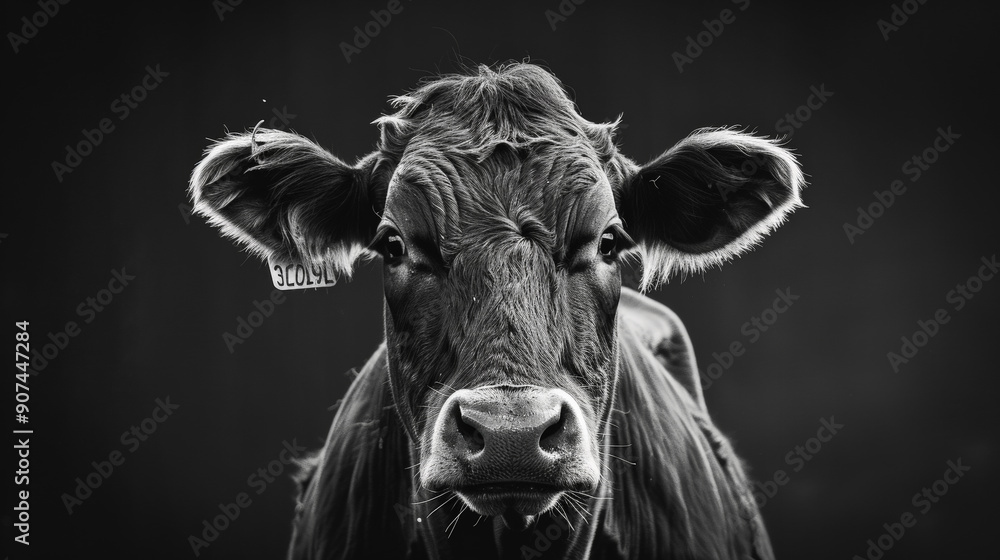 Dark black and white portrait of a frontal cows head on black background. Generative AI Dark black and white portrait of a frontal cows head on black background. Generative AI