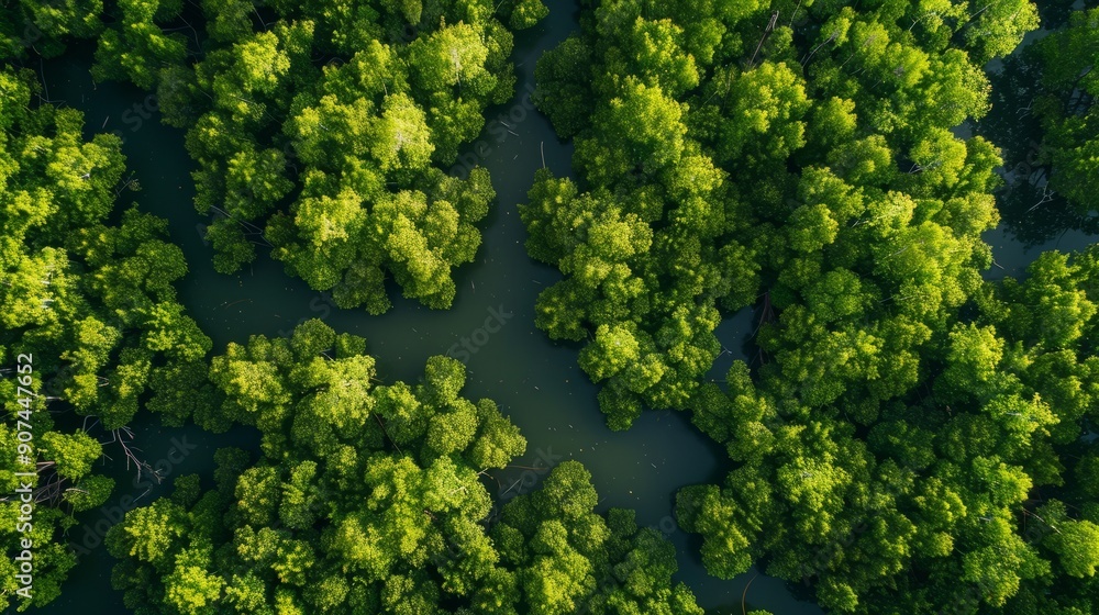 Naklejka premium Aerial top view of mangrove forest. Drone view of dense green mangrove trees captures CO2. Green trees background for carbon neutrality and net zero emissions concept. Sustainable green environment. 