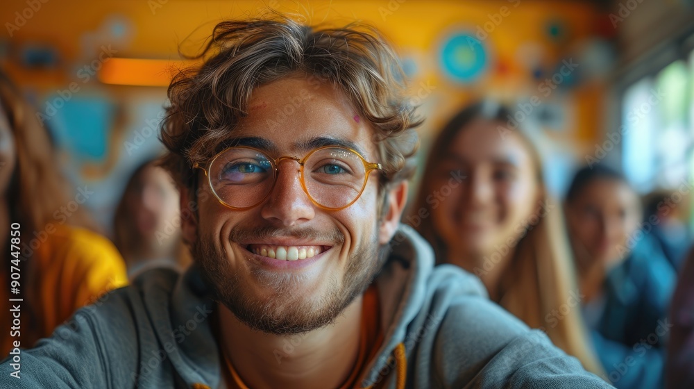 Smiling young man with glasses in a vibrant classroom Smiling young man with glasses in a vibrant classroom