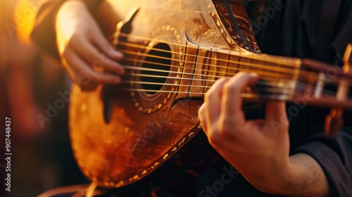 Close-up of a hand playing a vintage lute in warm, golden light.