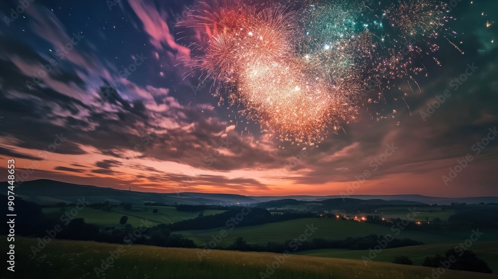 Fireworks Display Over a Rural Landscape at Dusk Fireworks Display Over a Rural Landscape at Dusk