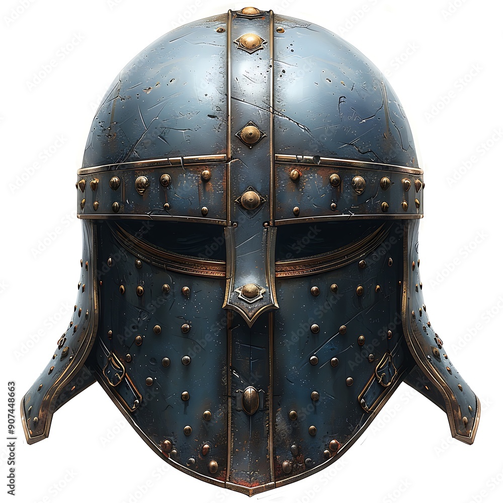 Worn Metal Helmet with Gold Trim and Rivets Worn Metal Helmet with Gold Trim and Rivets