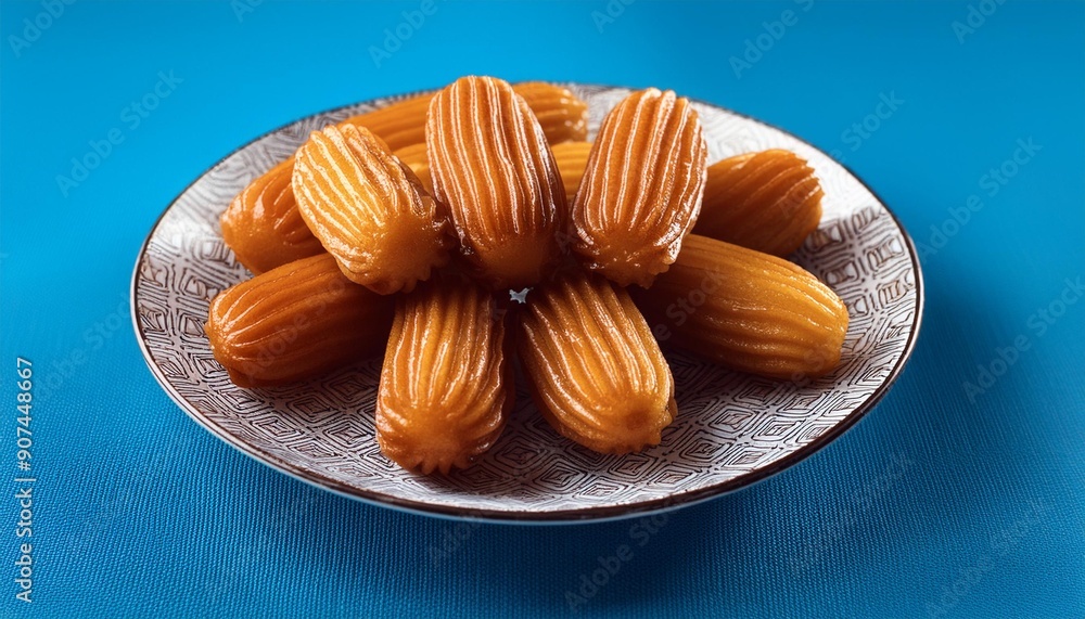 Turkish traditional dessert tulumba on blue background Turkish traditional dessert tulumba on blue background