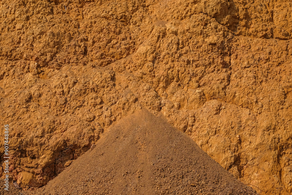 The surface of the dry land is covered with abstract patterns, shapes and textures. Excavated land. The soil looks fragile and is prone to landslides The surface of the dry land is covered with abstract patterns, shapes and textures. Excavated land. The soil looks fragile and is prone to landslides