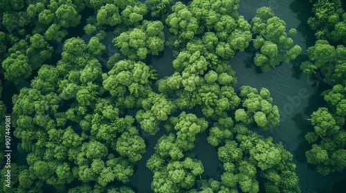 Aerial top view of mangrove forest. Drone view of dense green mangrove trees captures CO2. Green trees background for carbon neutrality and net zero emissions concept. Sustainable green environment. 