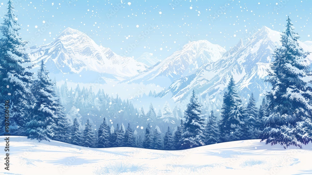 Fototapeta premium A snowy winter day. Fir trees in snowdrifts mountains covered with snow clear blue sky. Snowfall. Design for banner background wallpaper postcard. Concept of tourism hiking. Vector image. --