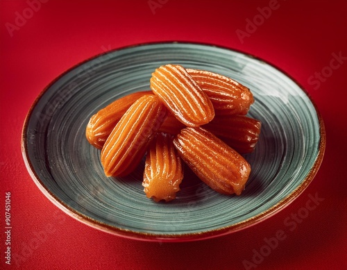 Turkish traditional dessert tulumba on red background photo