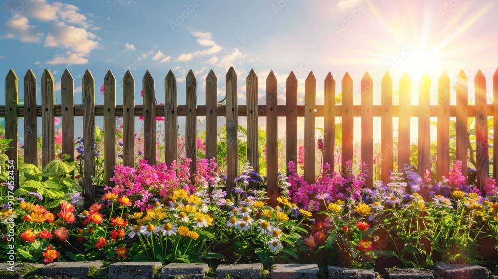 Colorful Flowers Blooming in Front of a Wooden Fence at Sunset. Colorful Flowers Blooming in Front of a Wooden Fence at Sunset.